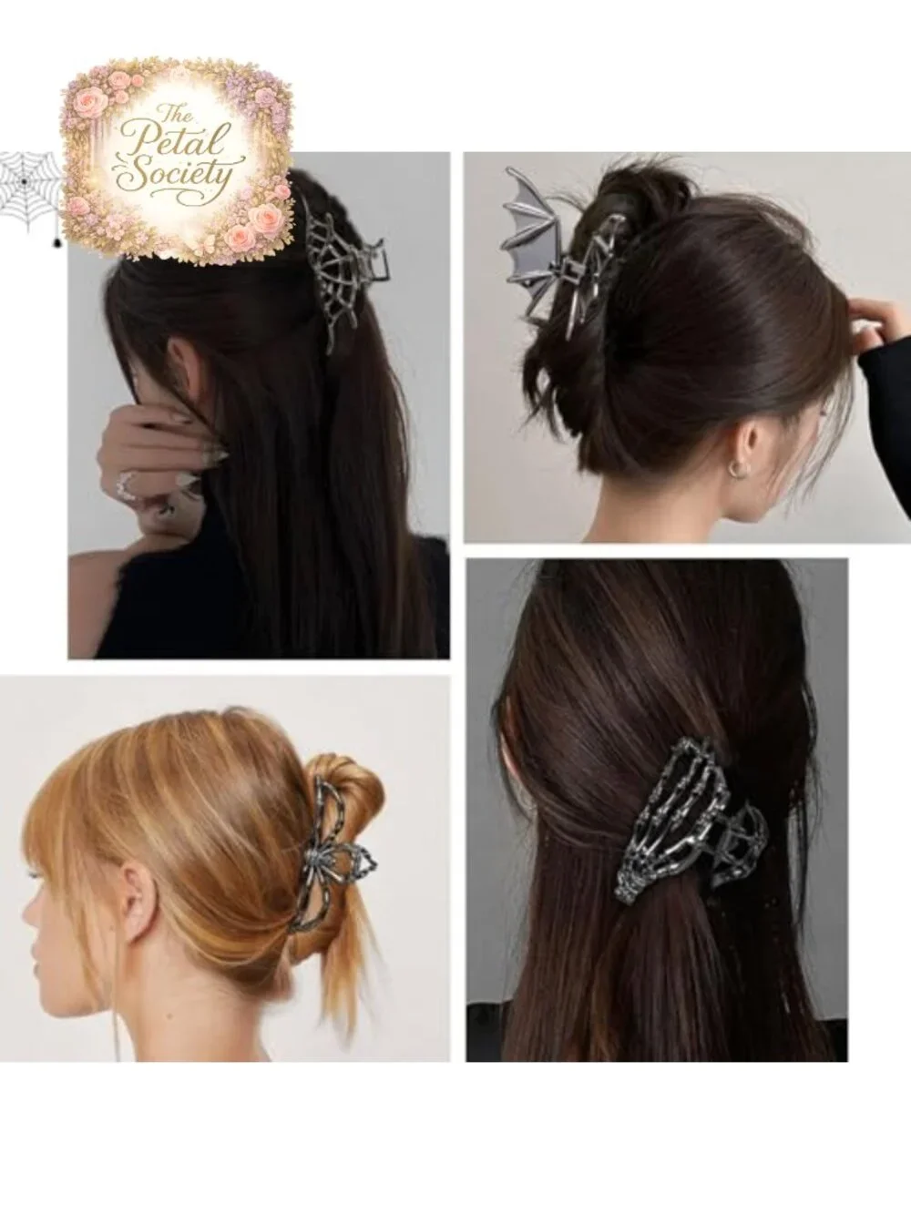 4 Piece Gothic Hair Clips Metal Skull Bat Spider Web Claw Clips